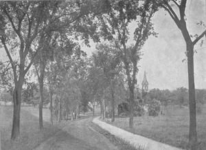Harold E. Alley drawing of tree lined road and path with old chapel