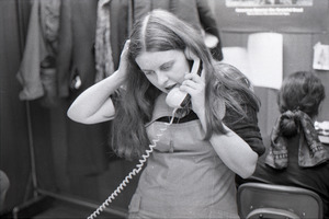 Bernadette Devlin McAliskey on the phone at the WBCN office