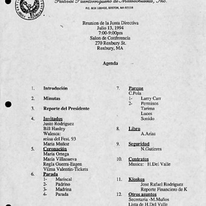Agenda from Festival Puertorriqueño de Massachusetts, Inc. Board of Directors meeting on July 13, 1994