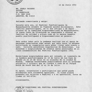 Letter from Carmen Ocasio to Pablo Vacarro, editor of El Carrillon, requesting donations for Festival Puertorriqueño 1992