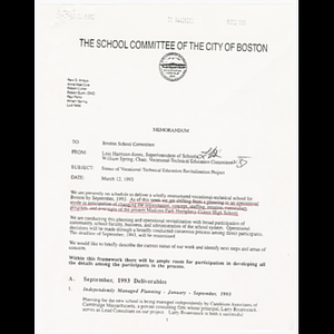Memorandum from Lois Harrison-Jones and William Spring to Boston School Committee about status of vocational-technical education revitalization project