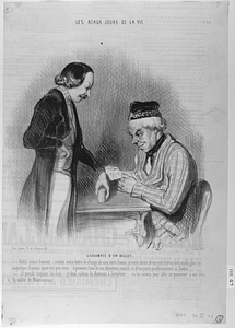 L' ESCOMPTE D'UN BILLET. - Voilà jeune homme... contre votre lettre de change de cinq cents francs, je vous donne deux cents francs tout neufs, plus un magnifique chameau ayant très peu servi... il provient d'une de nos dernières razzias et débarquera prochainement à Toulon..... - Je prends toujours les écus... je ferai cadeau du chameau à Joséphine.... ça lui servira pour aller se promener à ane dans la vallée de Montmorency!...