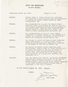 Boston City Council resolution in opposition to Judge W. Arthur Garrity's recommendation to place the Boston School Committee under receivership, 1975 August 25