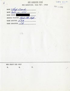 Citywide Coordinating Council daily monitoring report for Hyde Park High School by Lucy Banks, 1975 November 12