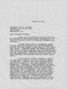 Letter from Paul Tsongas to John McLucas thanking him for a meeting concerning the relocation of Cambridge Research Laboratories