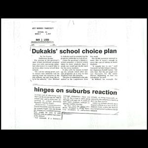 Dukakis' school choice plan hinges on suburbs reaction.