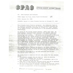 Letter, report on Asian parents' meeting on January 17, 1982.