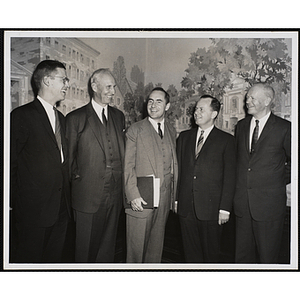 Group portrait of five board members at an annual meeting, from left to right: David B. Stone, George R. Brown, Gerald W. Blakeley, Jr., Paul F. Hellmuth, and Harvey P. Hood