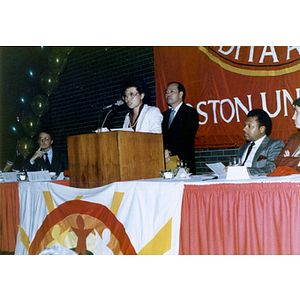 Chinese Progressive Association director Suzanne Lee gives a speech at the Rainbow Leadership Award Ceremony at Boston University