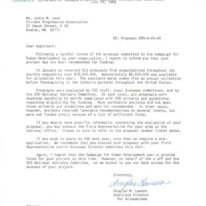 Correspondence with the United States Catholic Conference's Campaign for Human Development regarding an unsuccessful application for grant funding