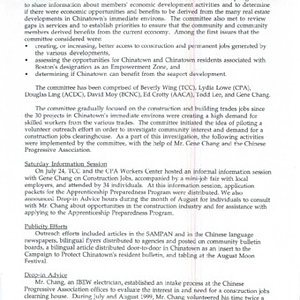 Description of The Chinatown Coalition Economic Committee's Construction Jobs Clearinghouse Pilot Project, accompanied by program descriptions and applications for two training programs