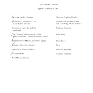 Agendas, minutes, and related correspondence for meetings of The Chinatown Coalition