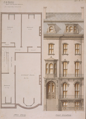 Attic floor plan and front elevation of the P.D. Wallis House, Chester Square, Boston, Mass., 1858