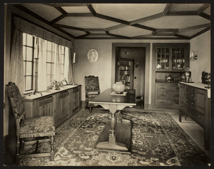 Interior view of the Dreier House, dining room, looking toward hall and library, Winchester, Mass., undated