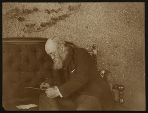 Three-quarter portrait of Frederick Law Olmsted, Sr., seated on a couch, facing left, location unknown, 1895