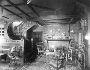 Interior view of unidentified house, front hall, Longwood, Brookline, Mass., 1885-1890