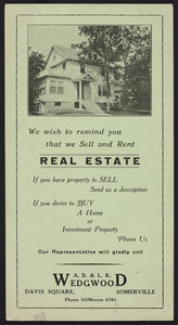 Trade card for A.B. & L.K. Wedgwood, real estate, Davis Square, Somerville, Mass., undated