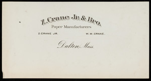 Letterhead for Z. Crane Jr. & Bro., paper manufacturers, Dalton, Mass., undated
