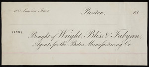 Billhead for Wright, Bliss & Fabyan, dry goods commission merchants, 100 Summer Street, Boston, Mass., 1800s