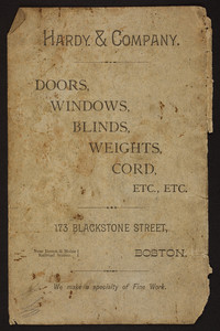 Advertisement for Hardy & Company, doors, windows, blinds, weights, cord, 173 Blackstone Street, Boston, Mass., undated