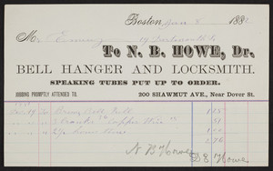 Billhead for N.B. Howe, Dr., bell hanger and locksmith, 200 Shawmut Avenue, near Dover Street, Boston, Mass., dated January 8, 1882