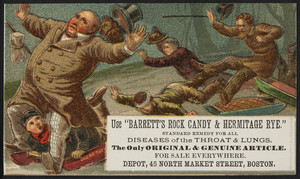 Trade card for Barrett's Rock Candy & Hermitage Rye, Depot, 45 North Market Street, Boston, Mass., 1877