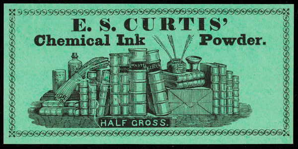 Label for E.S. Curtis' Chemical Ink Powder, No. 9 Dock Square, undated
