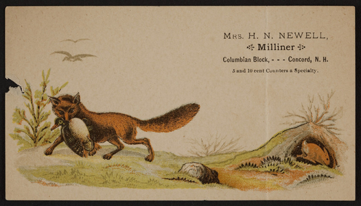 Trade card for Mrs. H.N. Newell, milliner, Columbian Block, Concord, New Hampshire, undated