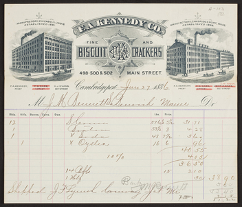 Billhead for F.A. Kennedy Co., fine biscuit and crackers, 498, 500 & 502 Main Street, Cambridgeport, Mass., dated January 27, 1886