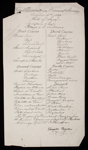 First dinner in Tremont House, Boston, Mass., October 16, 1829