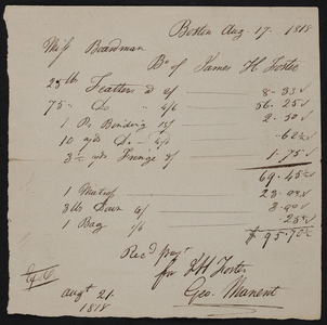 Billhead, James H. Foster, upholsterer, 59 Marlboro, Boston, Mass., dated August 17, 1818