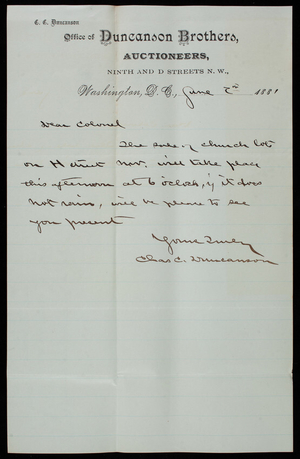 [Charles] C. Duncanson to Thomas Lincoln Casey, June 2, 1881