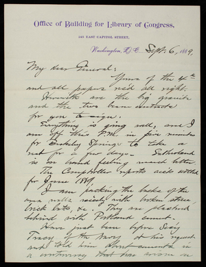 [Bernard] R. Green to Thomas Lincoln Casey, September 6, 1889