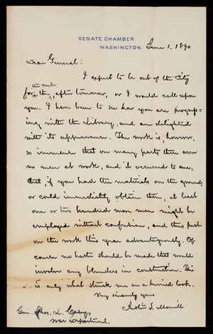 Justin Smith Morrill to Thomas Lincoln Casey, June 1, 1890