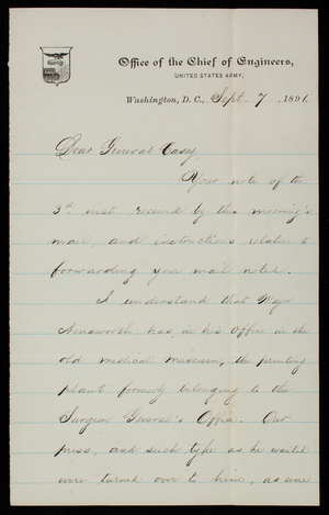 [William] J. Warren to Thomas Lincoln Casey, September 7, 1891