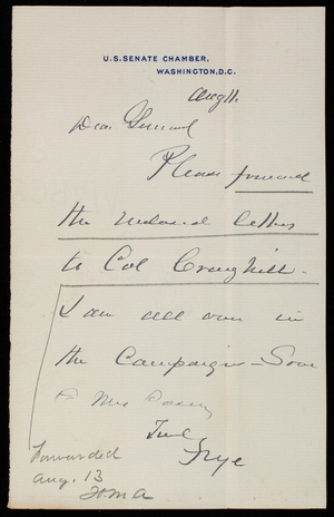 [William P.] Frye to Thomas Lincoln Casey, August 11, 1892