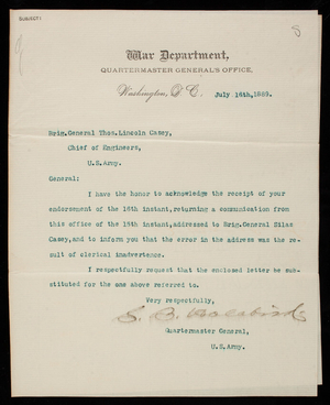 S. B. Holabird to Thomas Lincoln Casey, July 16, 1889