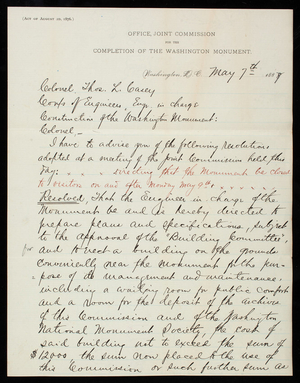 [William Wilson] Corcoran to Thomas Lincoln Casey, May 7, 1887, copy