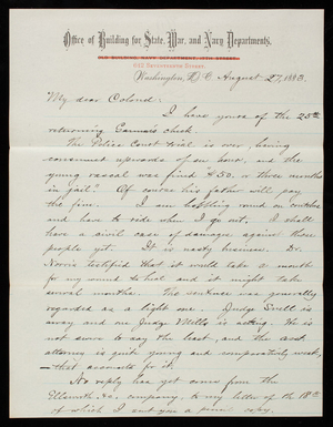 Bernard R. Green to Thomas Lincoln Casey, August 27, 1883