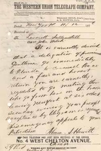 Telegram from Abram S. Hewitt to Leverett Saltonstall, 12 November 1876