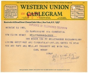 Telegram from Carl Henry to Edith Henry