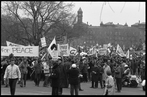 Anti-war protesters marching at the Counter-inaugural demonstrations, 1969, with police in the foreground