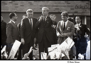 Robert Kennedy and Kenneth Keating campaigning in Riverdale: unidentified man speaking with Robert Kennedy (r)