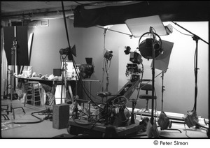 The Cars filming 'You Might Think': empty set with lighting and video equipment