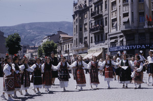 Folk dancers at national celebration in Skopje