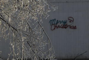 Ice covered tree in front of a barn spray painted 'Merry Christmas'
