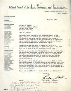 Letter from National Council of the Arts, Sciences, and Professions to W. E. B. Du Bois