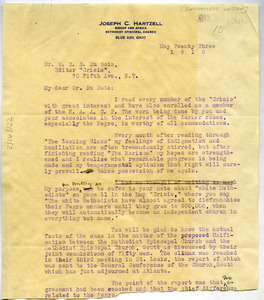 Letter from Joseph C. Hartzell to W. E. B. Du Bois