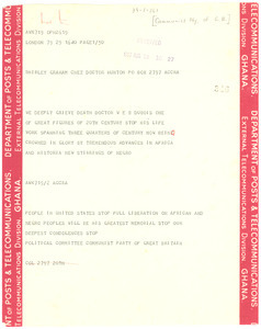 Telegram from Communist Party of Great Britain to Shirley Graham Du Bois