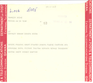 Telegram from Bertha Sneck to Shirley Graham Du Bois